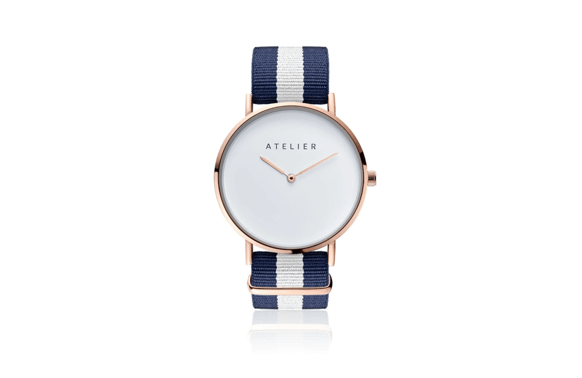 Canvas watch, 40 mm rose gold case and navy & white nylon strap